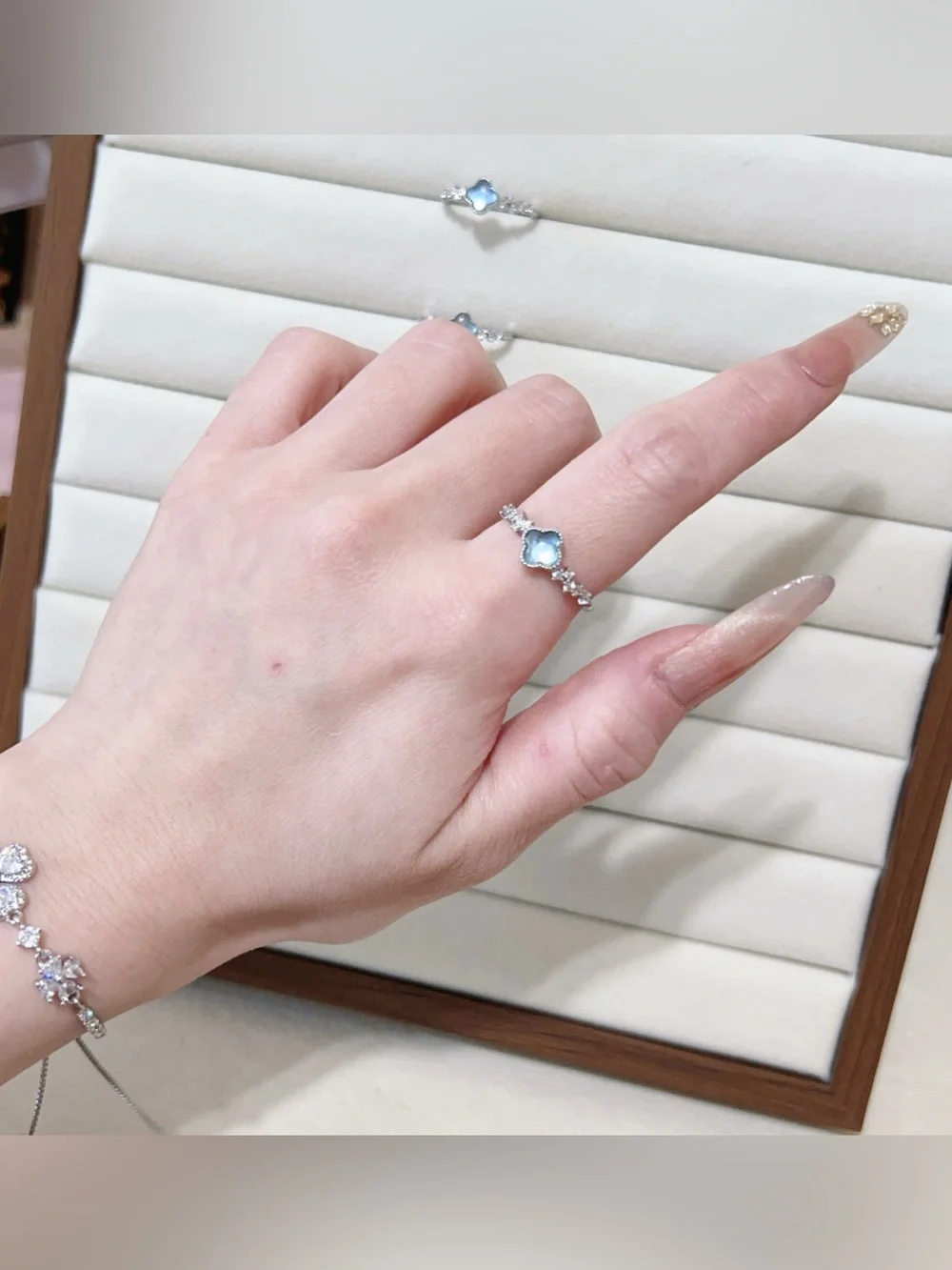 Natural Blue Aquamarine Four-Leaf Clover Ring Silver Plated Dainty Open Ring